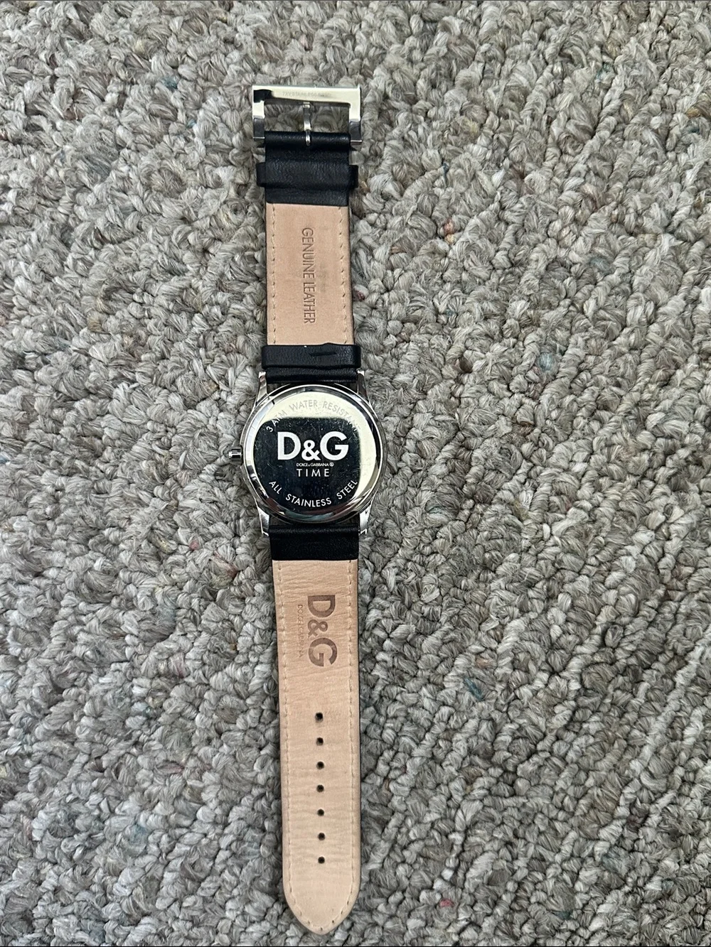D&G Black Leather Strap Watch with Brushed Steel Back